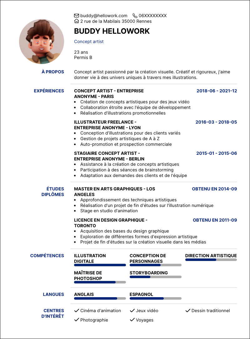 Modèle CV Concept artist Exemple CV Concept artist