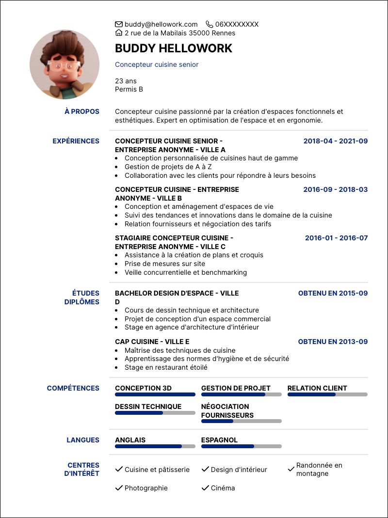 Modèle CV Concepteur cuisine Exemple CV Concepteur cuisine