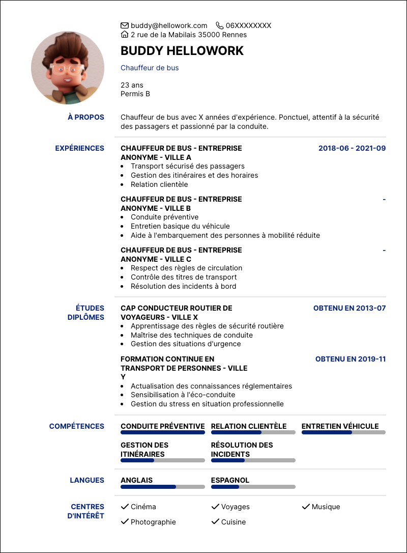 Modèle CV Chauffeur de bus Exemple CV Chauffeur de bus