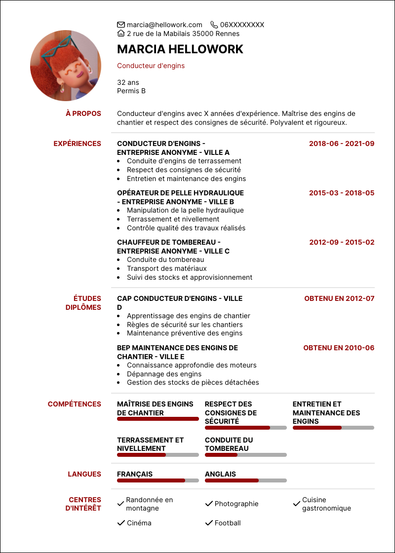 Modèle CV Conducteur d'engins Exemple CV Conducteur d'engins