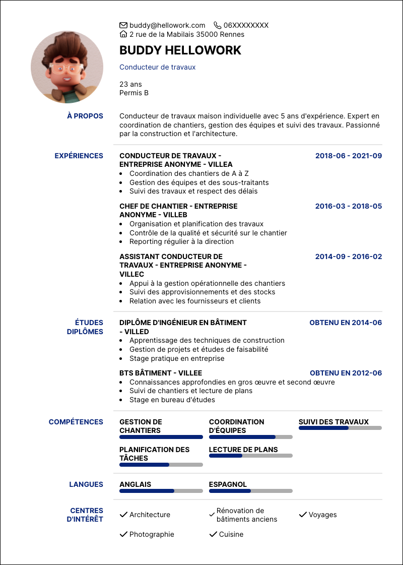 Modèle CV Conducteur de travaux maison individuelle Exemple CV Conducteur de travaux maison individuelle