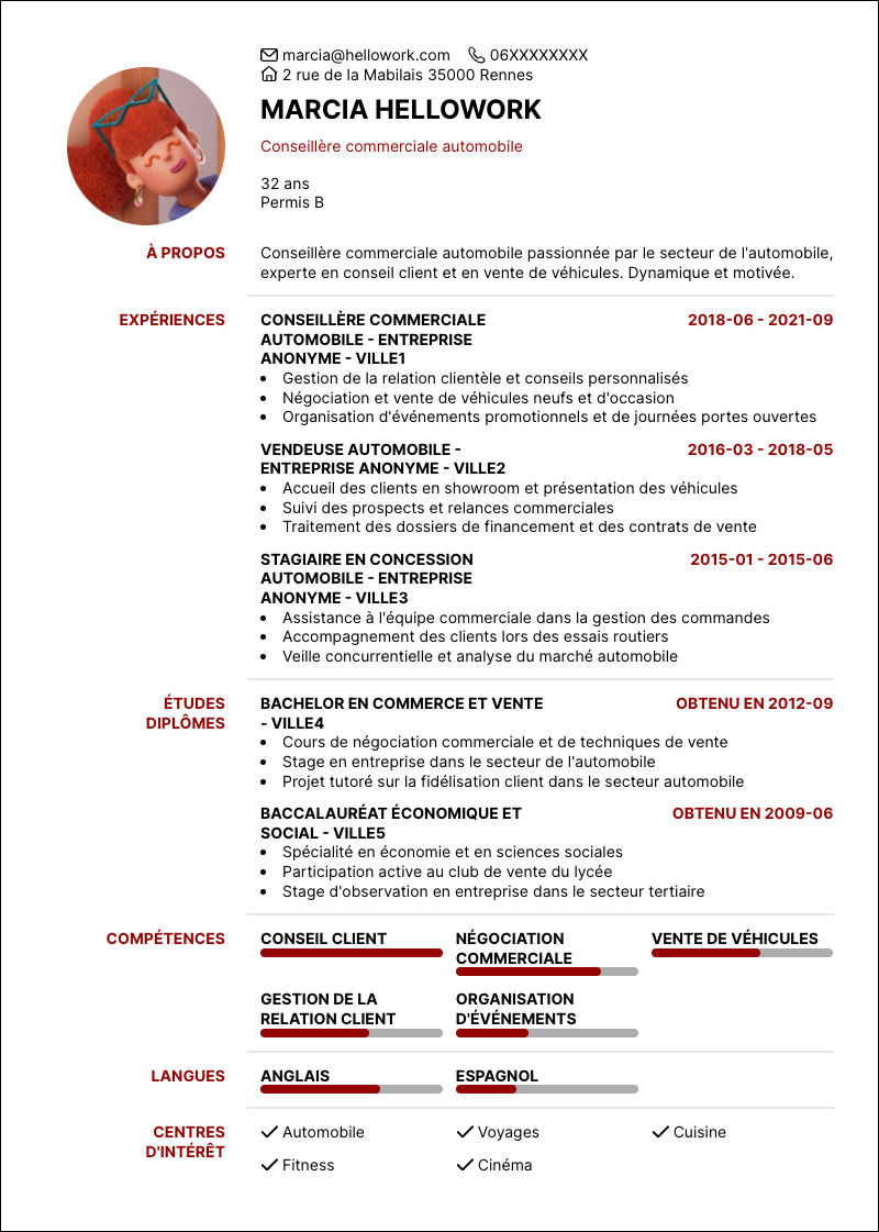 Modèle CV Conseiller commercial automobile Exemple CV Conseiller commercial automobile