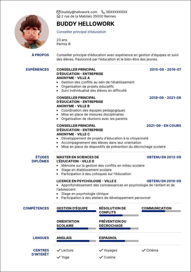 Exemple CV Conseiller principal d'éducation