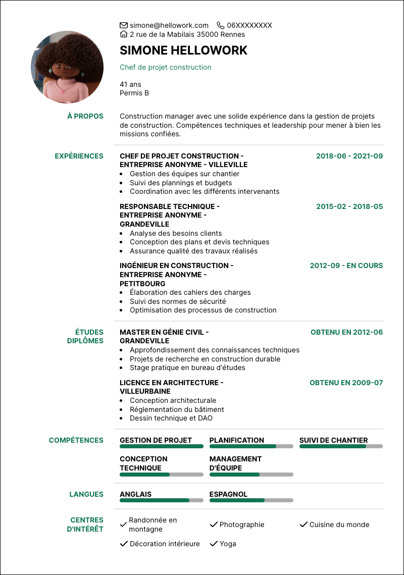 Modèle CV Construction manager Exemple CV Construction manager