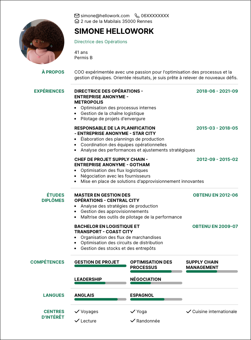 Modèle CV COO Exemple CV COO