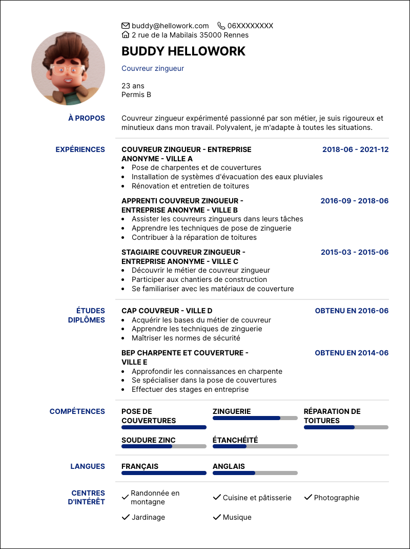 Exemple CV Couvreur zingueur