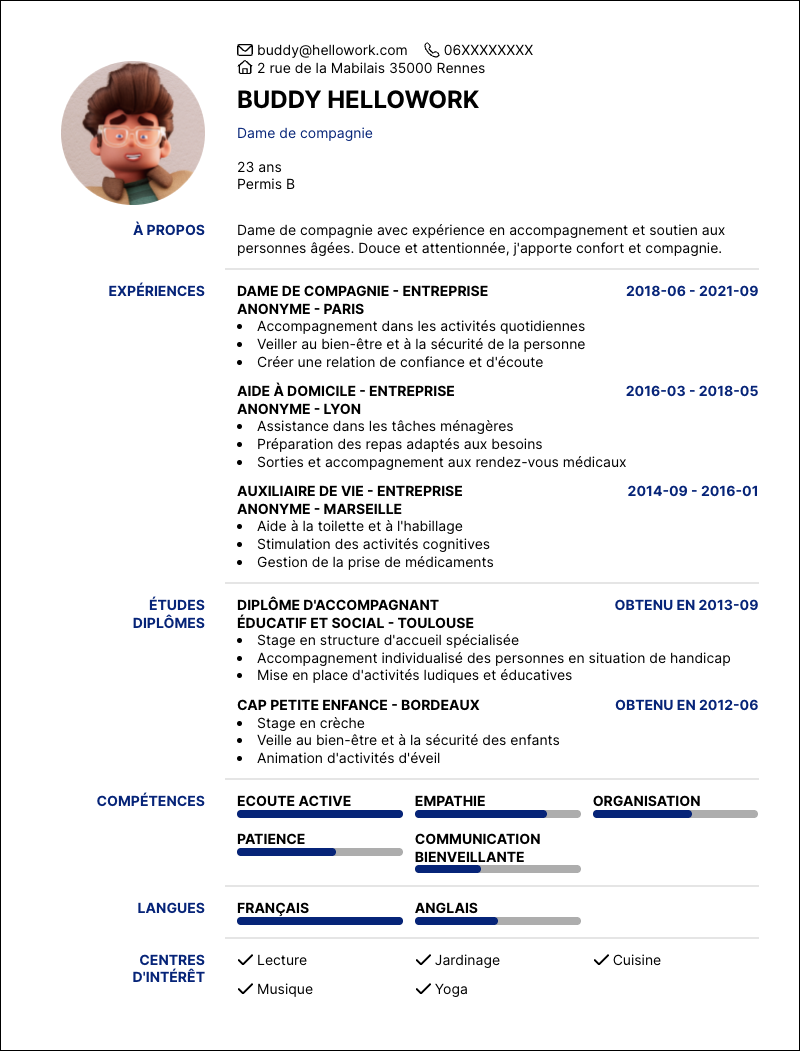 Modèle CV Dame de compagnie Exemple CV Dame de compagnie