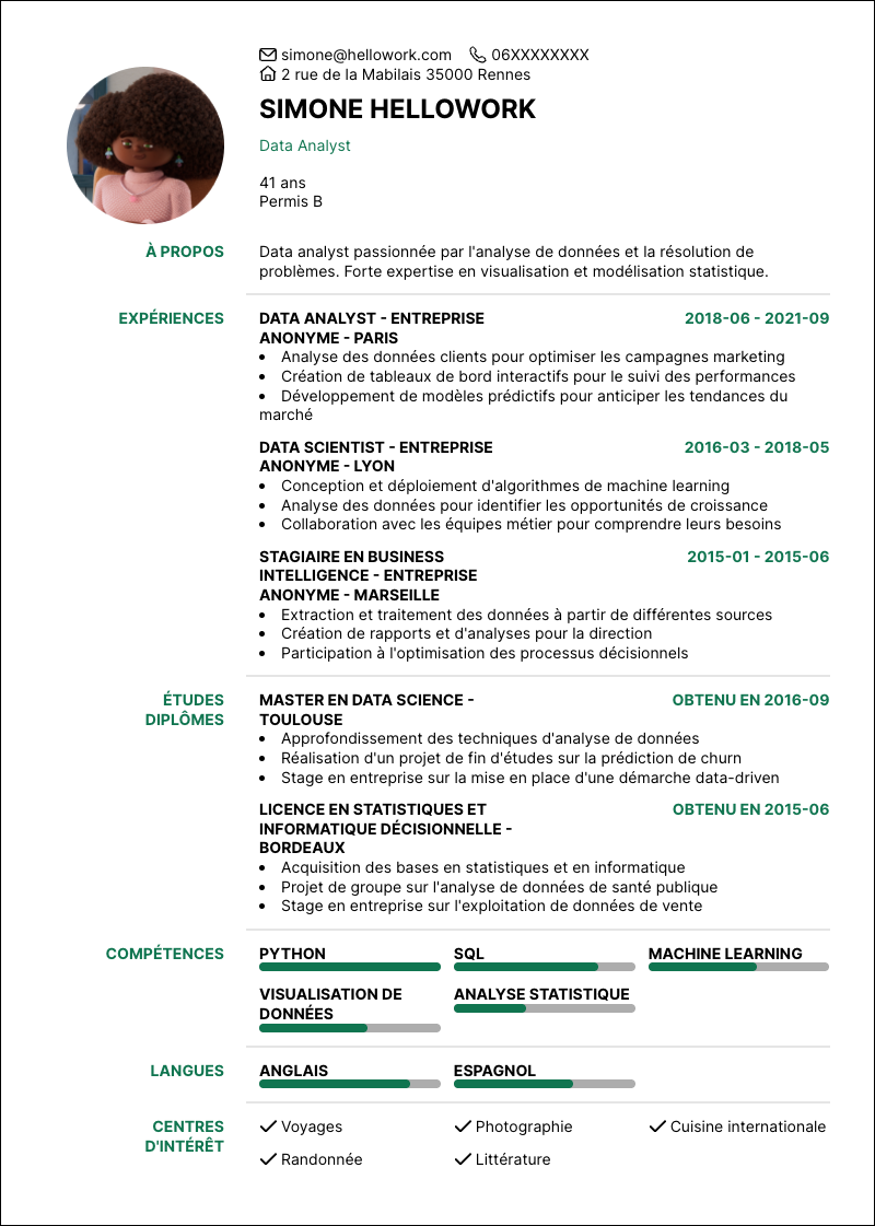 Modèle CV Data analyst Exemple CV Data analyst