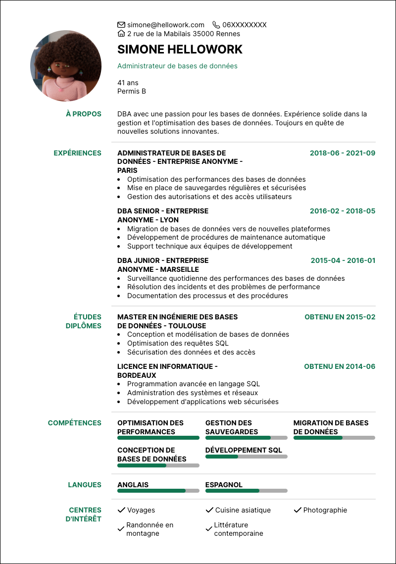 Modèle CV DBA Exemple CV DBA