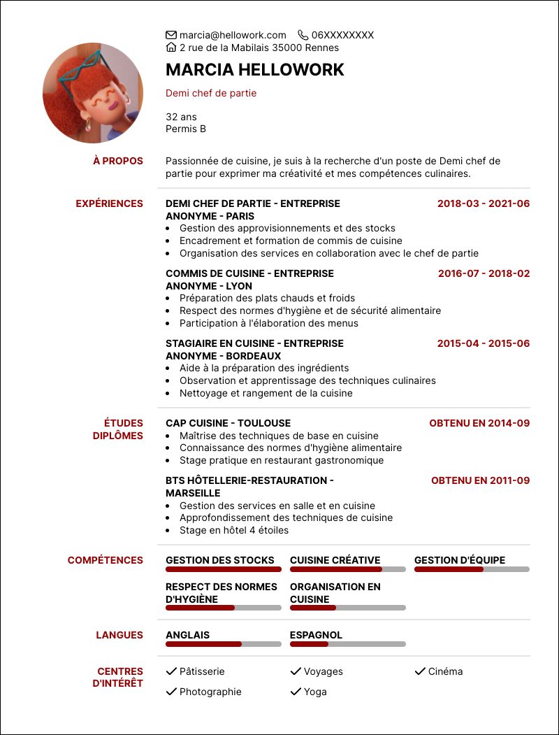 Modèle CV Demi chef de partie Exemple CV Demi chef de partie