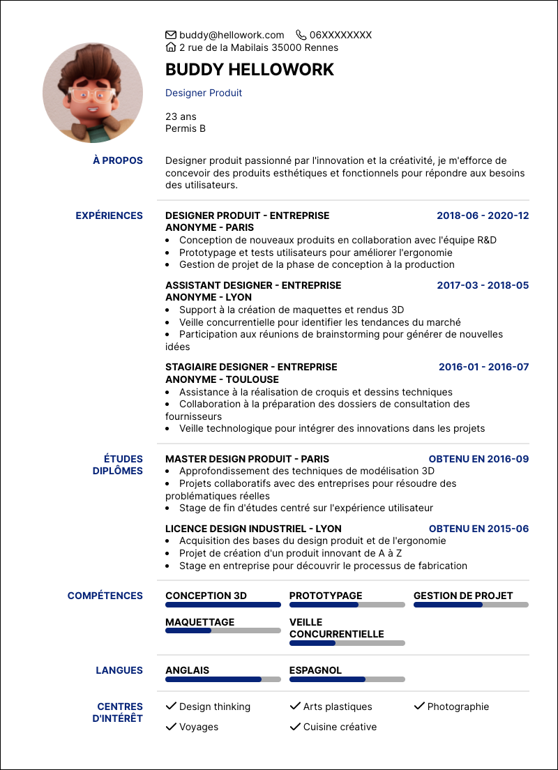 Modèle CV Designer produit Exemple CV Designer produit