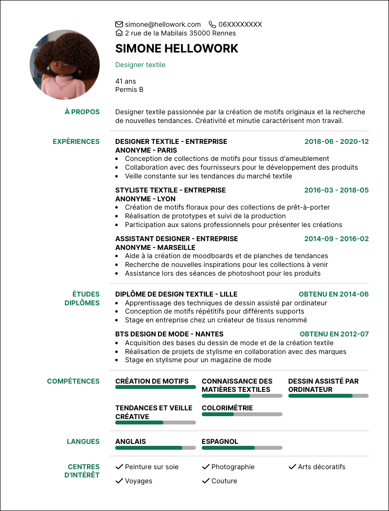 Modèle CV Designer textile Exemple CV Designer textile