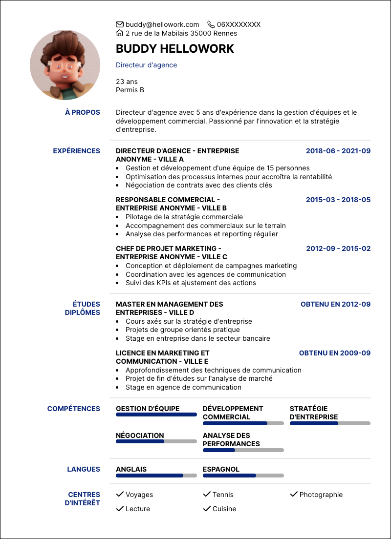 Modèle CV Directeur d'agence Exemple CV Directeur d'agence