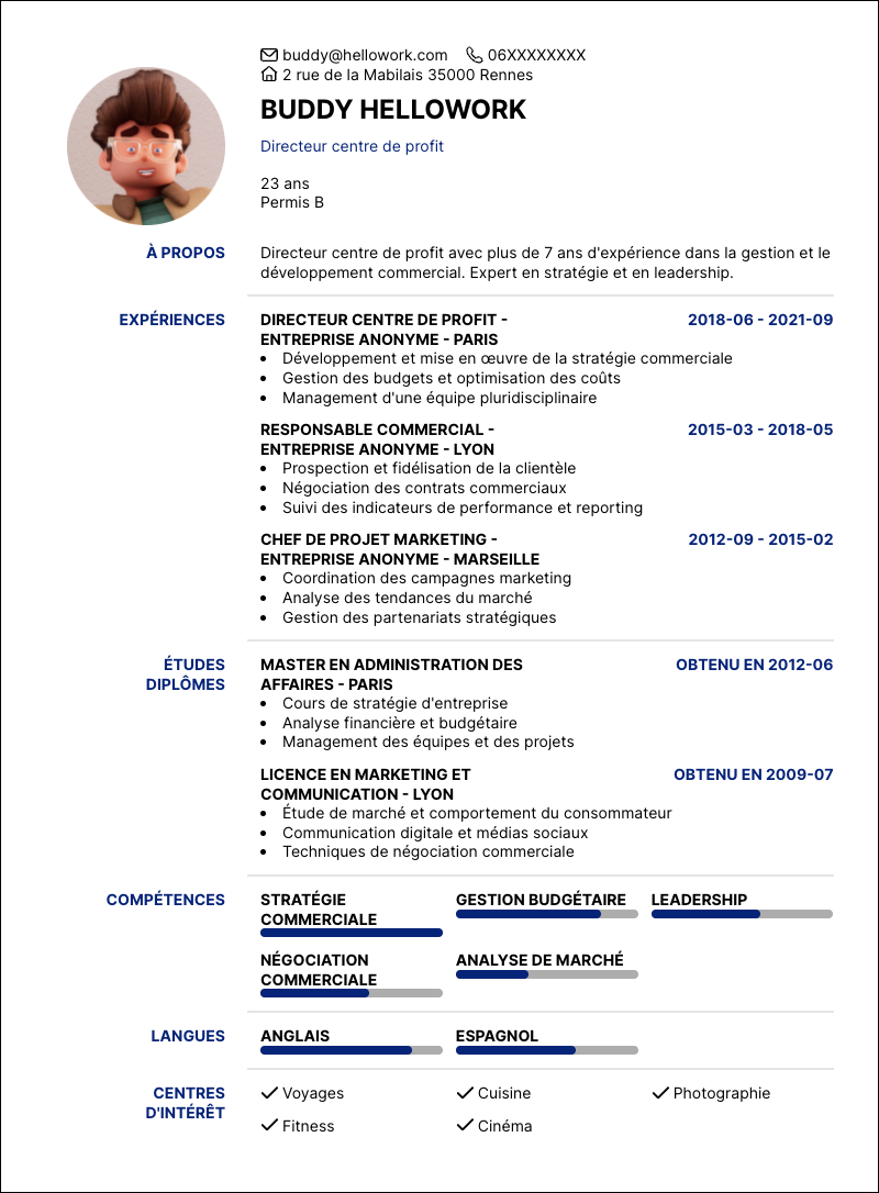 Modèle CV Directeur centre de profit Exemple CV Directeur centre de profit