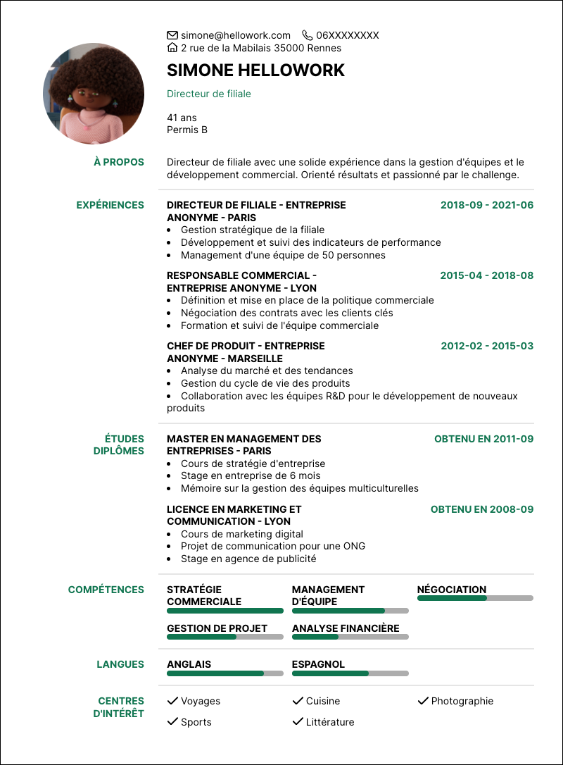 Modèle CV Directeur de filiale Exemple CV Directeur de filiale