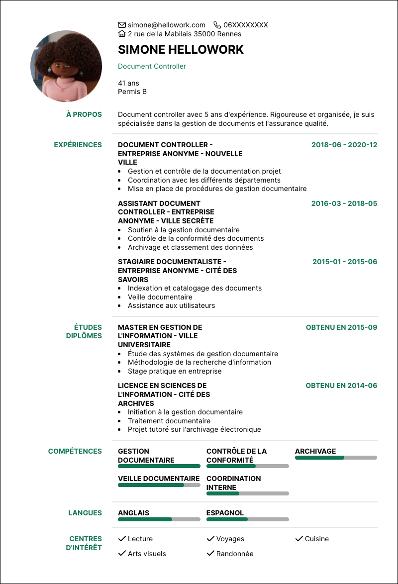 Modèle CV Document controller Exemple CV Document controller