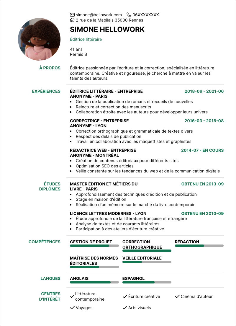 Modèle CV Éditeur Exemple CV Éditeur