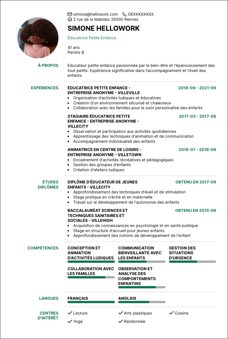 Modèle CV Educateur petite enfance Exemple CV Educateur petite enfance