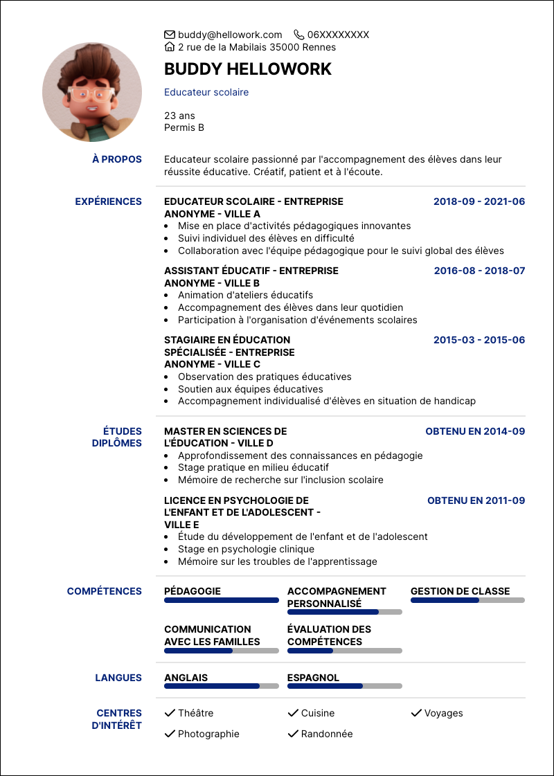 Modèle CV Educateur scolaire Exemple CV Educateur scolaire