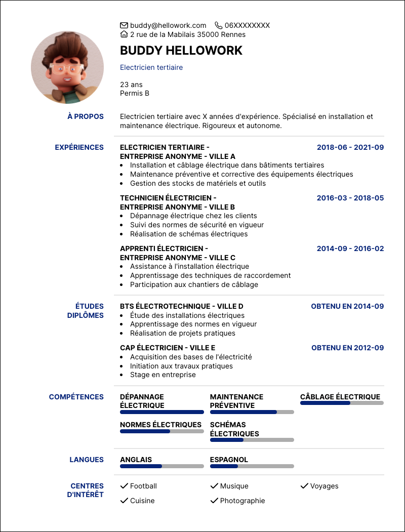 Modèle CV Electricien tertiaire Exemple CV Electricien tertiaire
