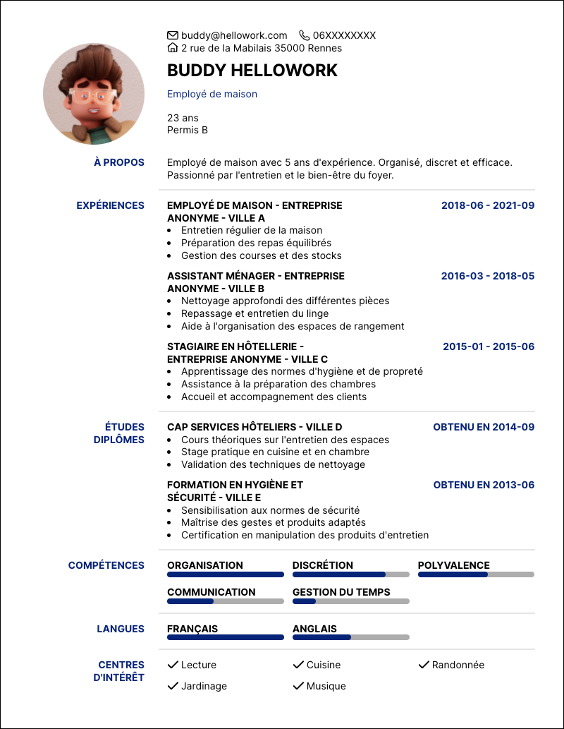 Modèle CV Employé de maison Exemple CV Employé de maison
