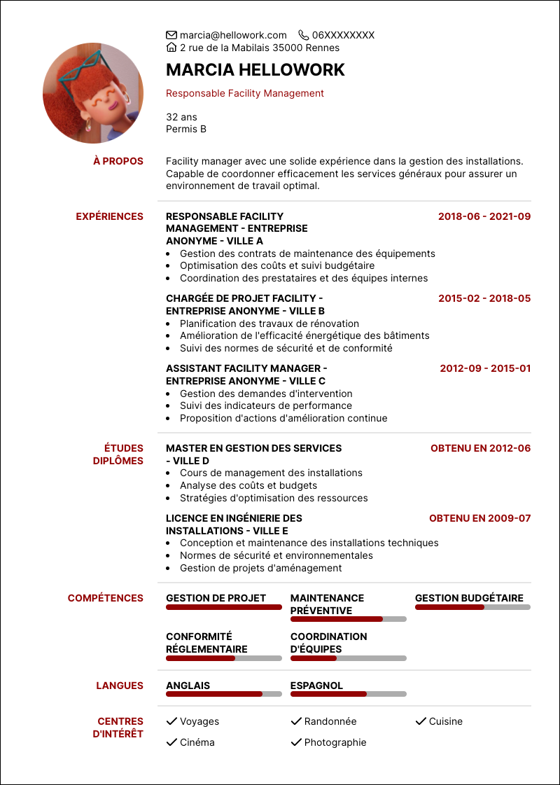 Modèle CV Facility manager Exemple CV Facility manager