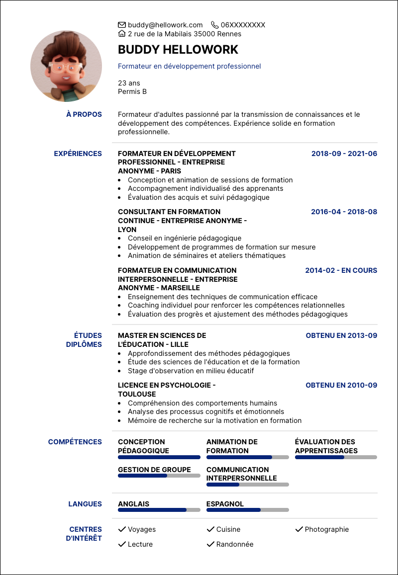 Modèle CV Formateur d'adultes Exemple CV Formateur d'adultes