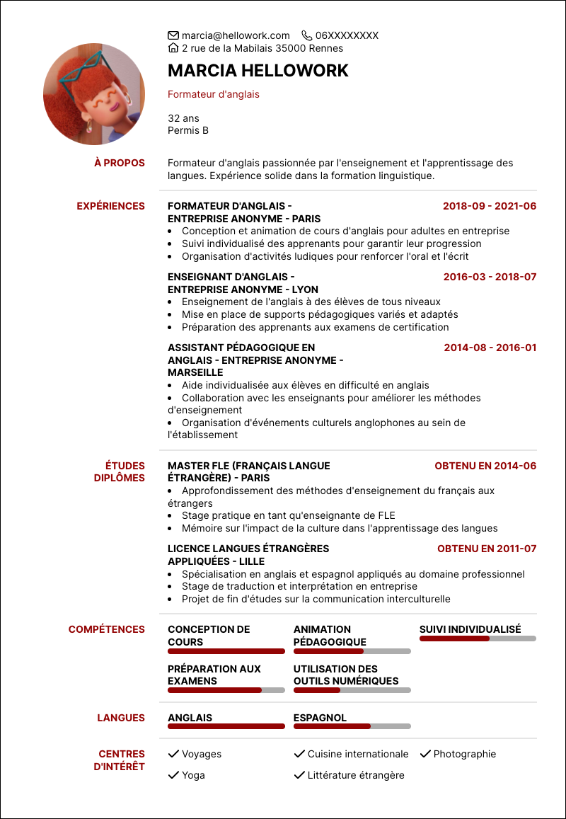 Modèle CV Formateur d'anglais Exemple CV Formateur d'anglais