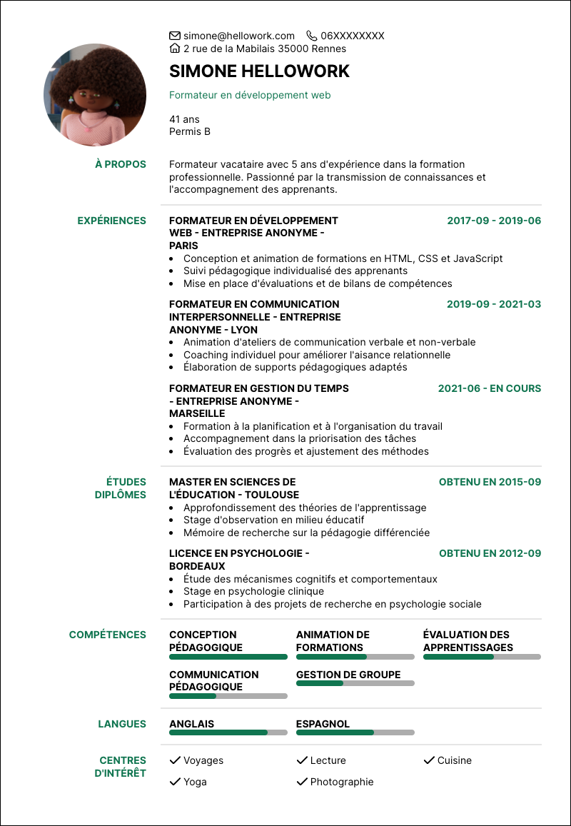 Modèle CV Formateur vacataire Exemple CV Formateur vacataire
