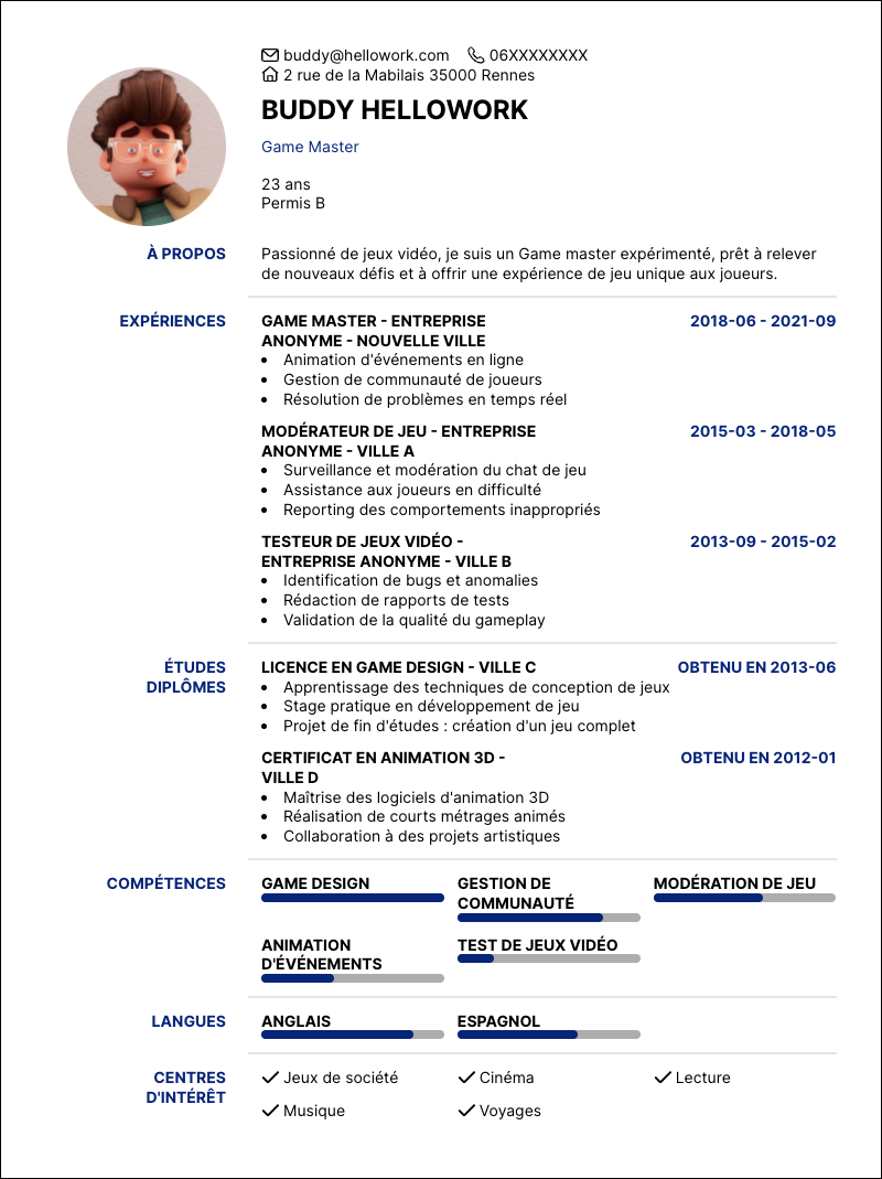 Exemple CV Game master