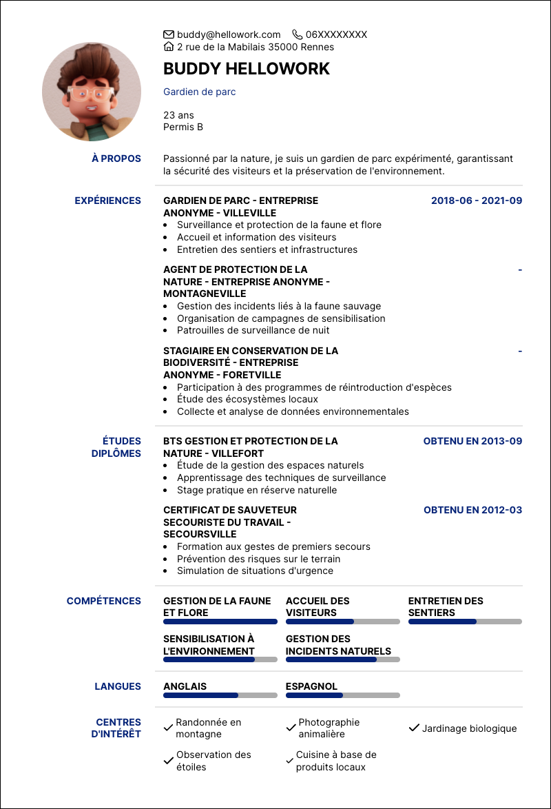 Modèle CV Gardien de parc Exemple CV Gardien de parc