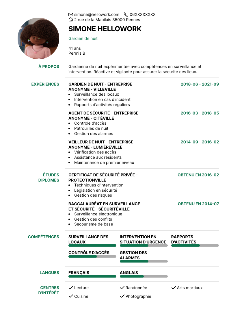 Modèle CV Gardien de nuit Exemple CV Gardien de nuit