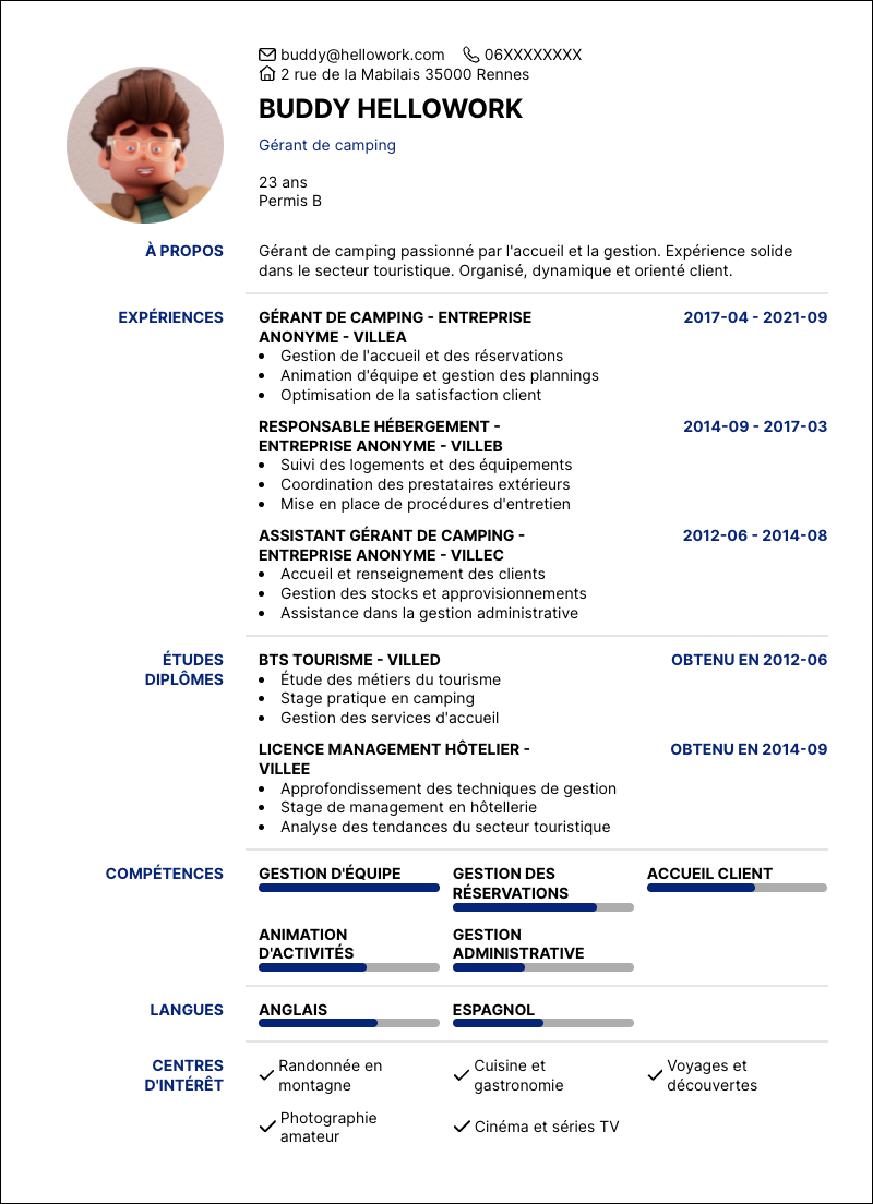 Modèle CV Gérant de camping Exemple CV Gérant de camping