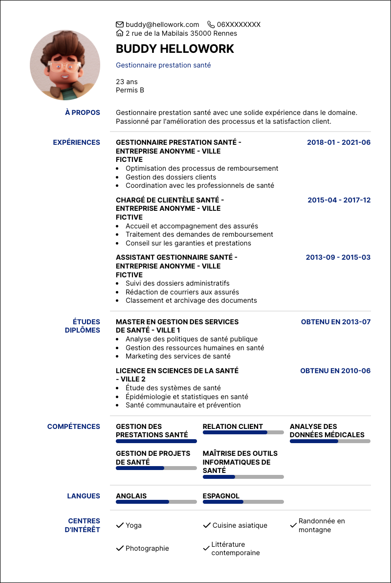 Modèle CV Gestionnaire prestation santé Exemple CV Gestionnaire prestation santé