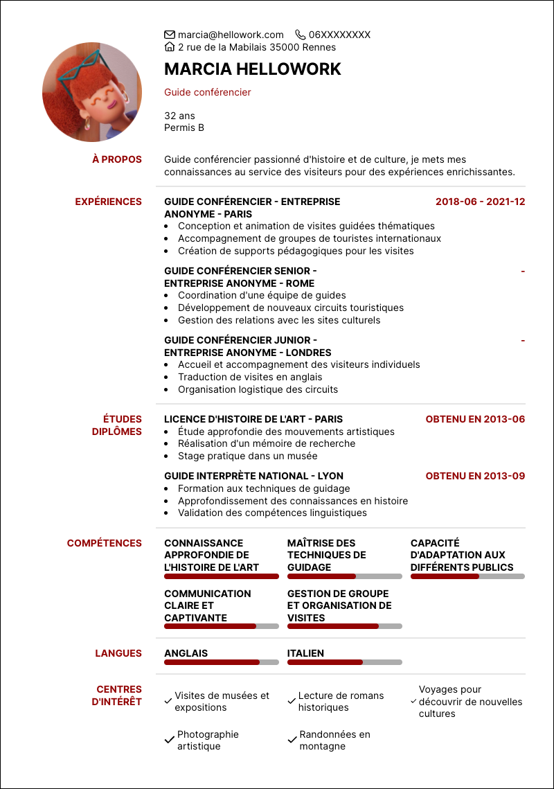 Modèle CV Guide conférencier Exemple CV Guide conférencier