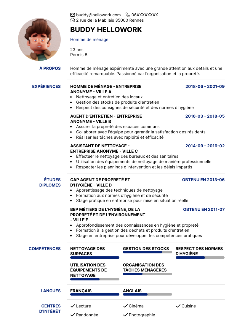 Modèle CV Homme de ménage Exemple CV Homme de ménage