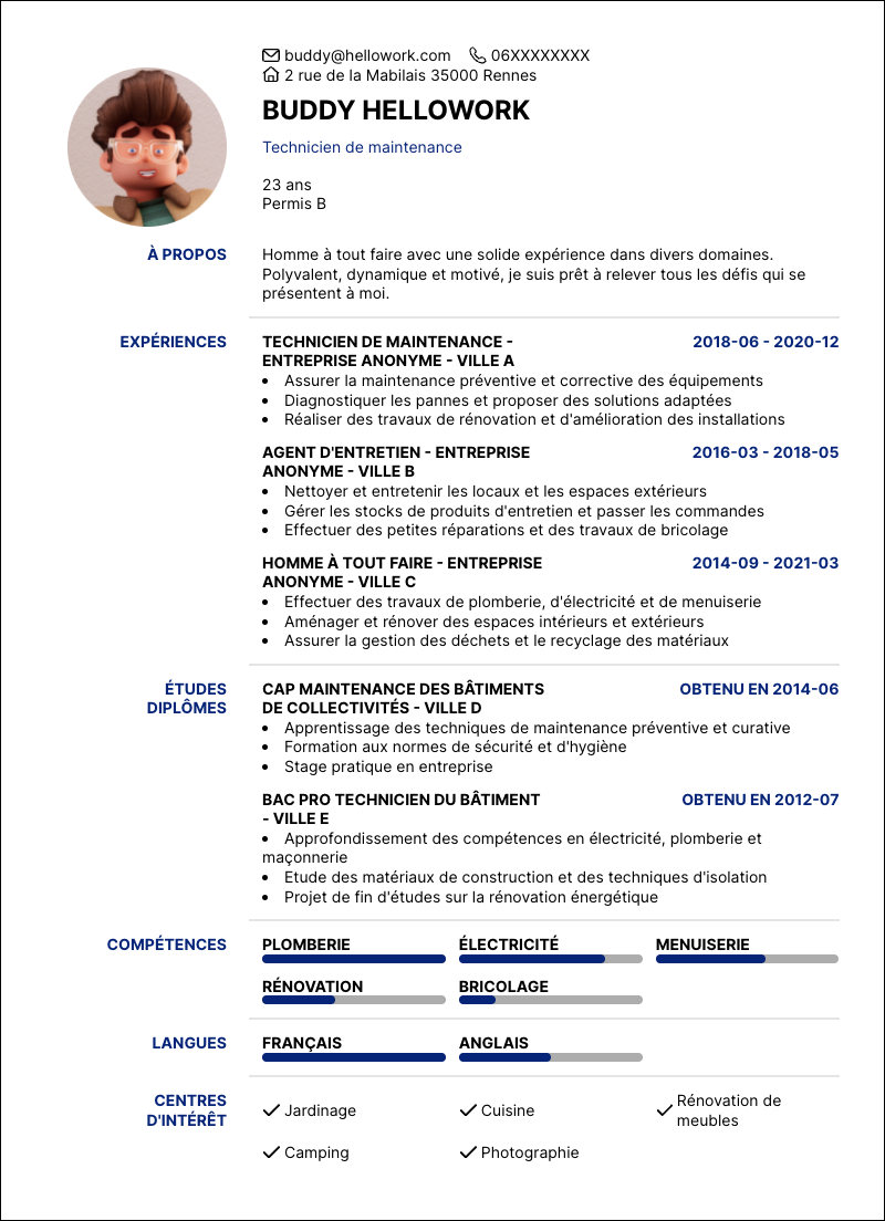 Modèle CV Homme à tout faire Exemple CV Homme à tout faire