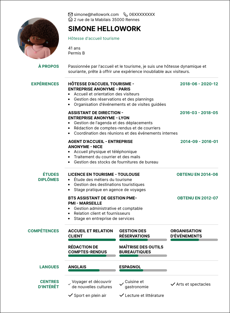 Exemple CV Hôtesse d'accueil tourisme