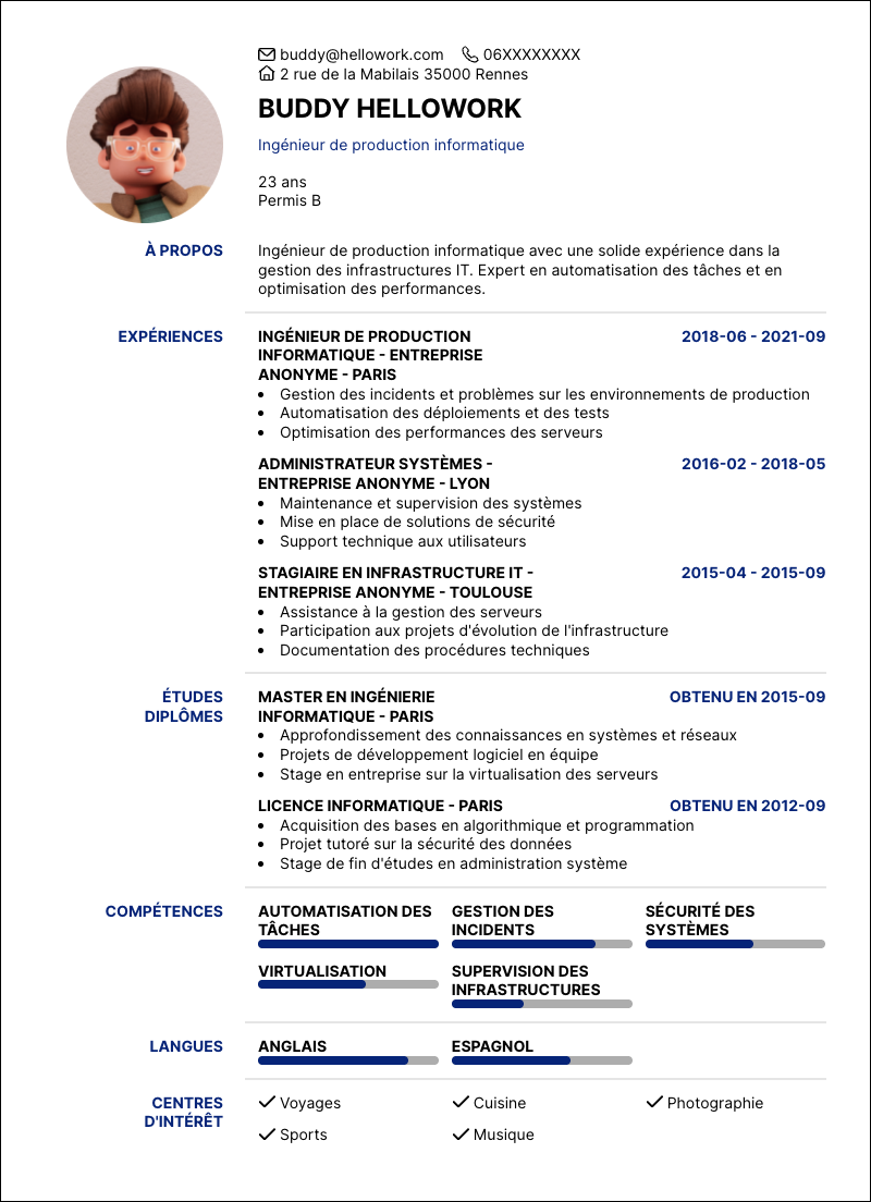 Modèle CV Ingénieur de production informatique Exemple CV Ingénieur de production informatique