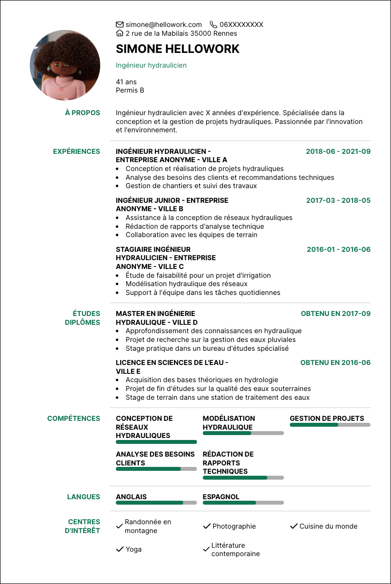 Exemple CV Ingénieur hydraulicien