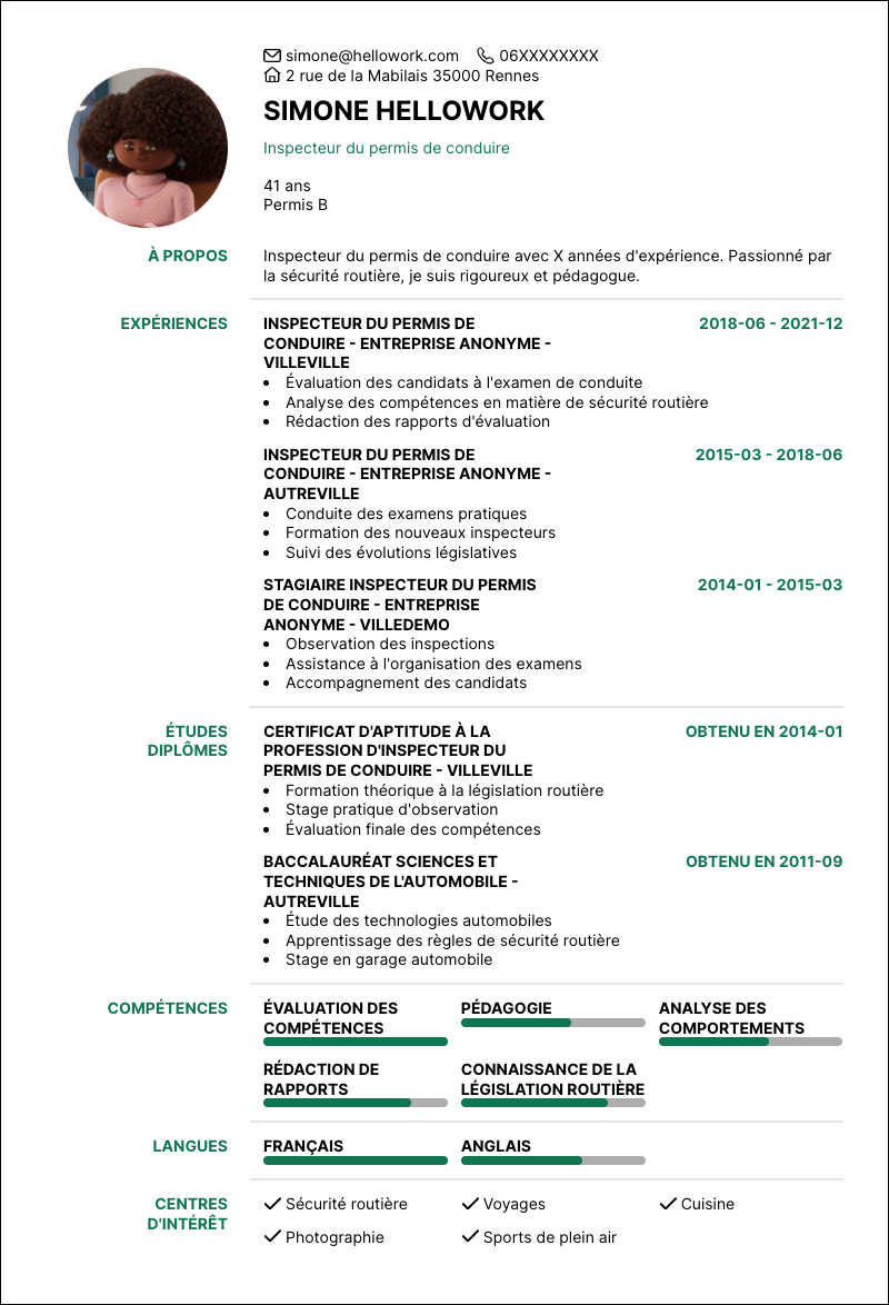 Modèle CV Inspecteur du permis de conduire Exemple CV Inspecteur du permis de conduire