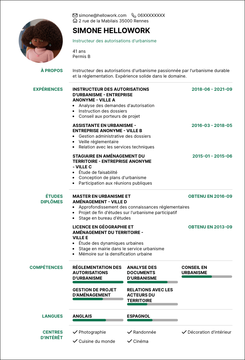 Modèle CV Instructeur des autorisations d'urbanisme Exemple CV Instructeur des autorisations d'urbanisme