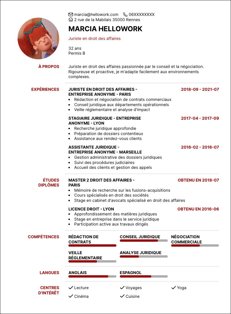 Modèle CV Juriste droit des affaires Exemple CV Juriste droit des affaires
