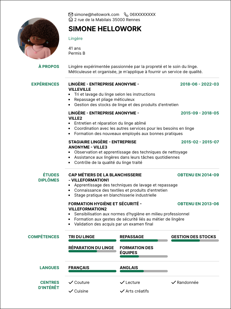 Modèle CV Lingère Exemple CV Lingère