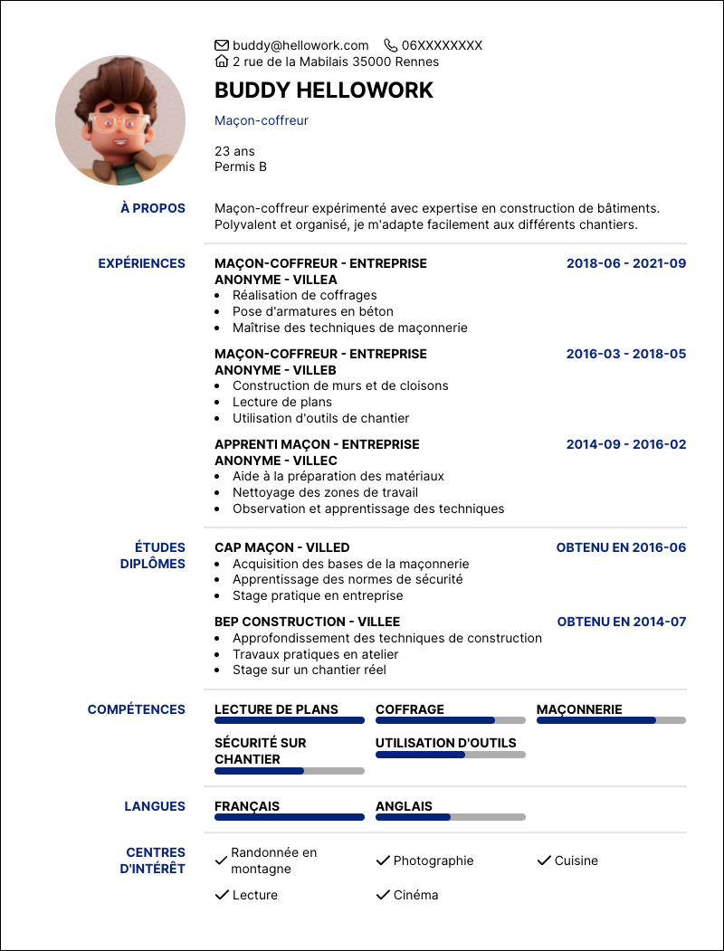 Exemple CV Maçon-coffreur