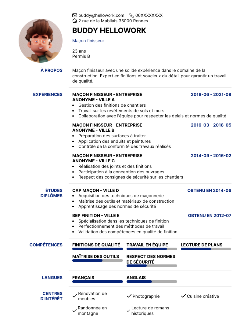 Modèle CV Maçon finisseur Exemple CV Maçon finisseur
