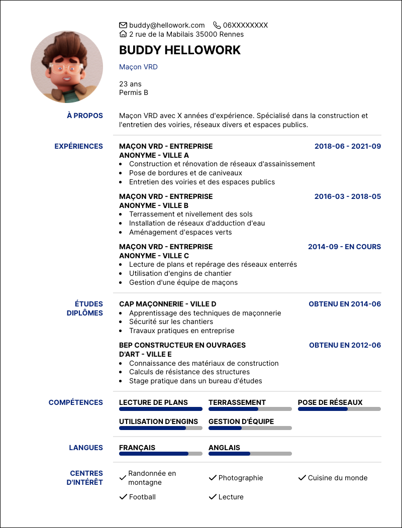Modèle CV Maçon VRD Exemple CV Maçon VRD