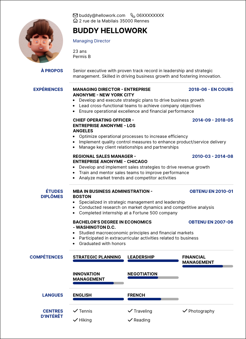 Modèle CV Managing director Exemple CV Managing director