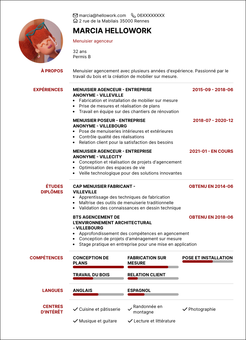 Modèle CV Menuisier agencement Exemple CV Menuisier agencement
