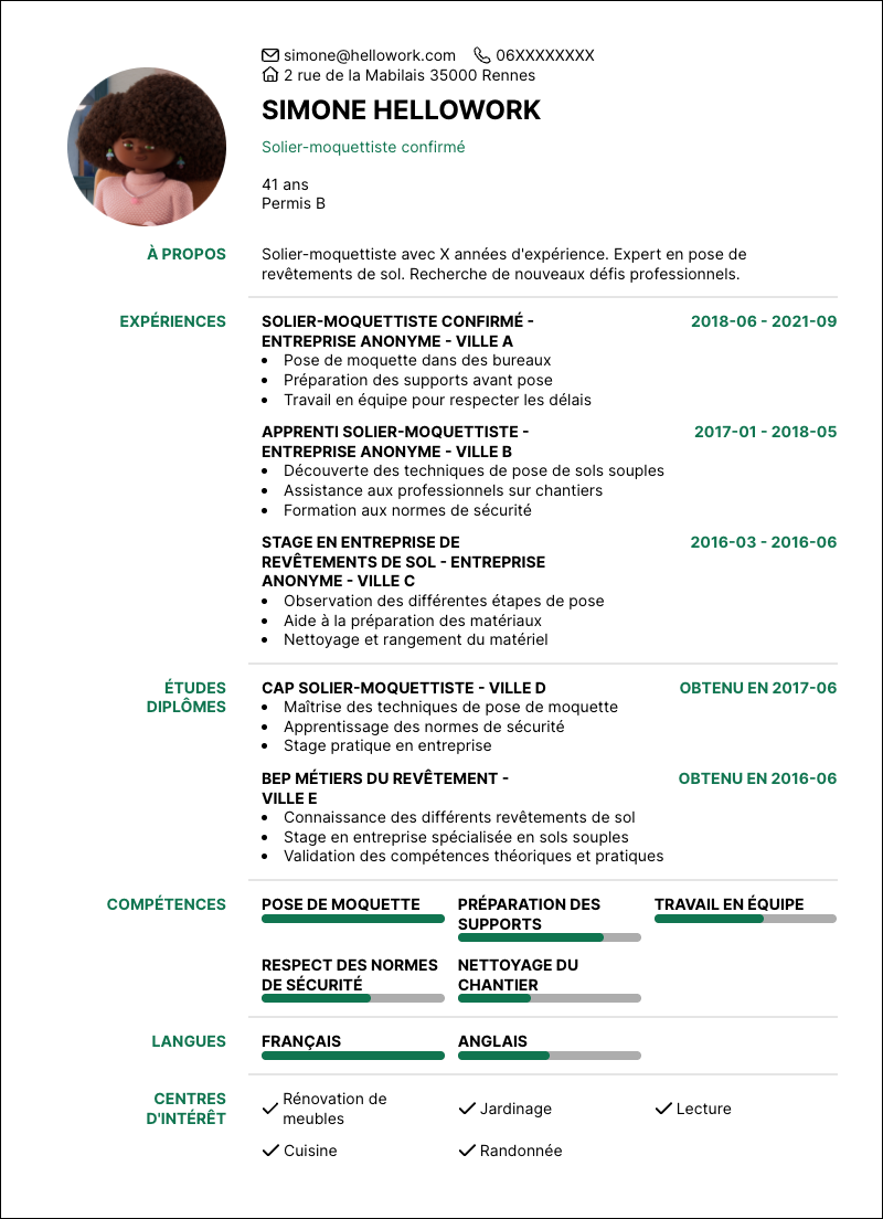 Modèle CV Solier-moquettiste Exemple CV Solier-moquettiste